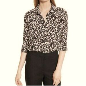 Equipment Femme Silk Collared Button Down Blouse Blush Pink Black Ginkgo Print S